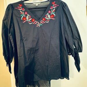 The Pioneer Woman Navy Top with Red Floral Embroidery